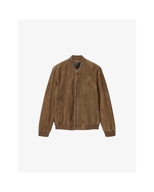 AllSaints Brown Morten Baseball-Collar Suede Jacket for men