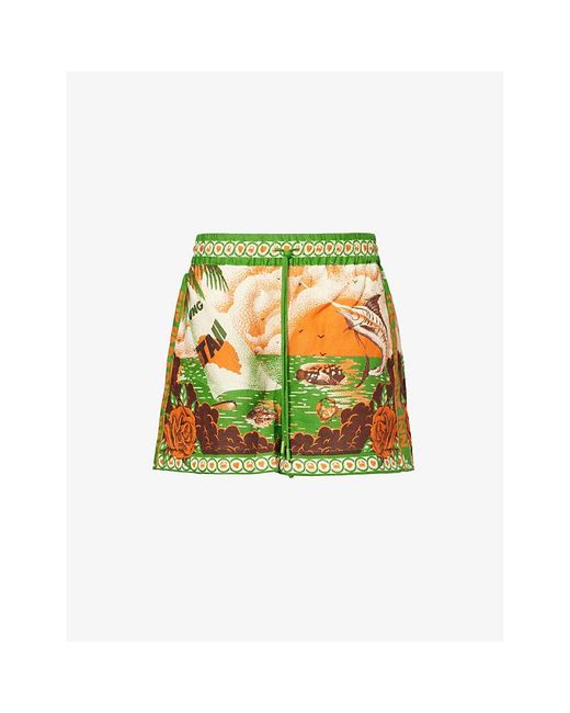ALÉMAIS Green Bungalow Drawstring Waist Printed Linen Shorts