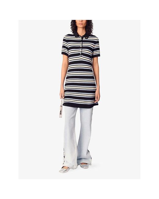 Maje Blue Stripe Short-Sleeve Cotton-Blend Knitted Mini Dress