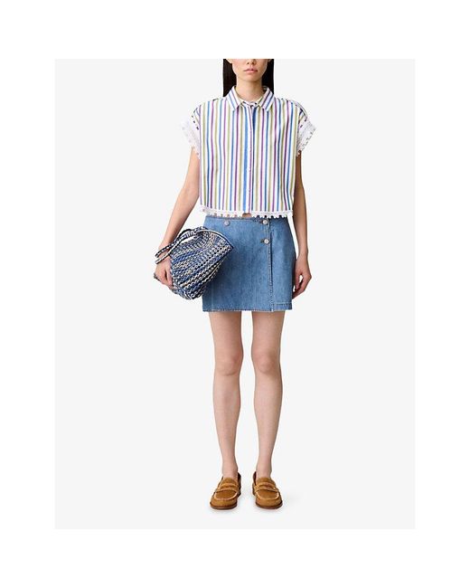 Claudie Pierlot Blue Striped Lace-Trim Cotton Shirt