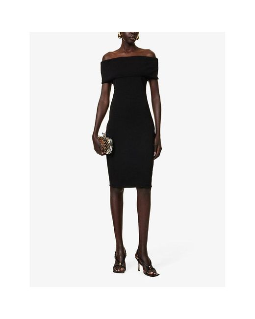 Bottega Veneta Black Off-shoulder Stretch-woven Midi Dress