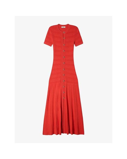 Sandro Red Short-Sleeved Button-Up Knitted Maxi Dress