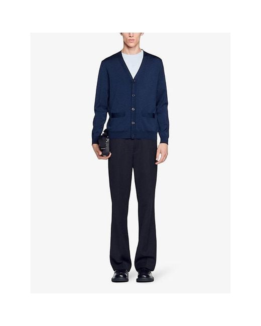 Sandro Blue V-neck Regular-fit Wool-blend Cardigan for men