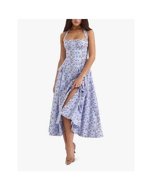 House Of Cb Blue Claudia Halter-Neck Stretch-Cotton Midi Dress