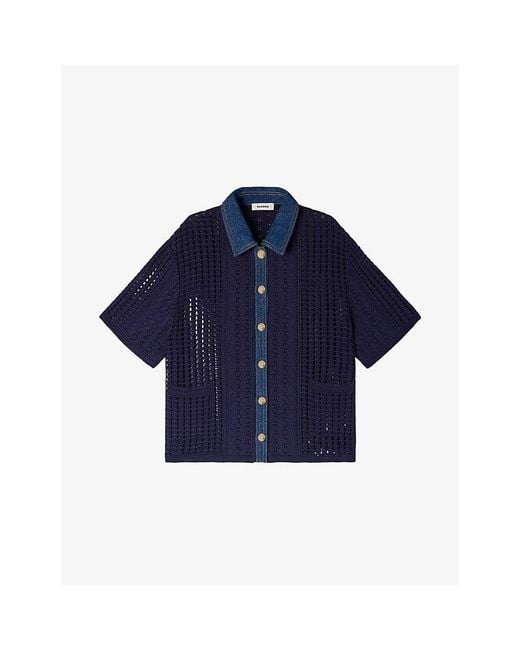 Sandro Blue Short-Sleeved Denim-Trim Crochet Cardigan