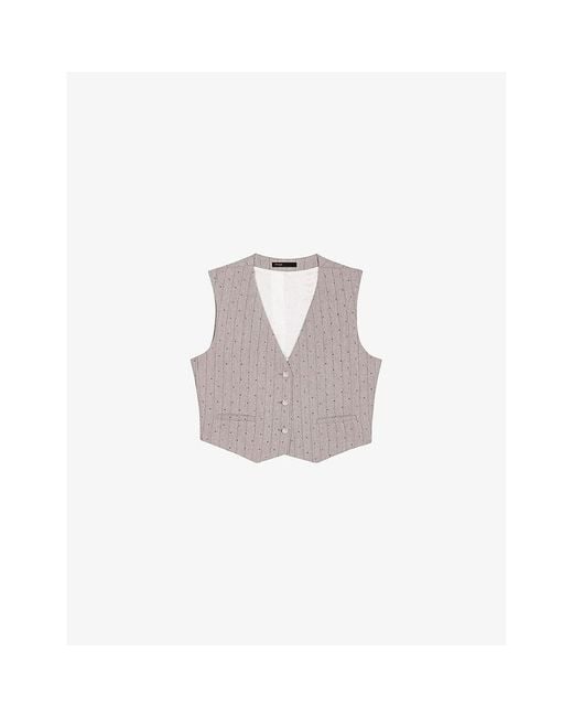 Maje White Rhinestone-Embellished V-Neck Stretch-Woven Waistcoat