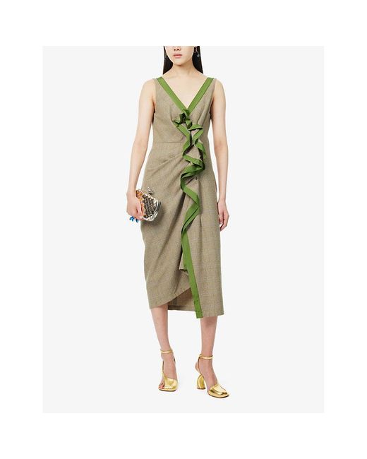 Dries Van Noten Green Checked Gathered-front Woven Midi Dress
