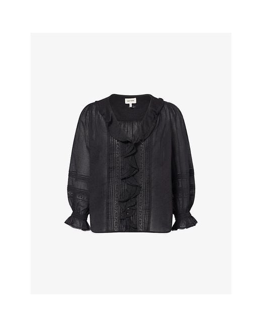 ME+EM Blue Ruffle-Trim V-Neck Cotton-Voile Blouse