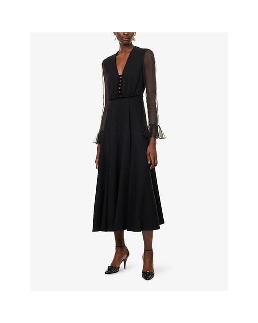 Valentino Garavani Black Bow-Embellished V-Neck Silk Midi Dress