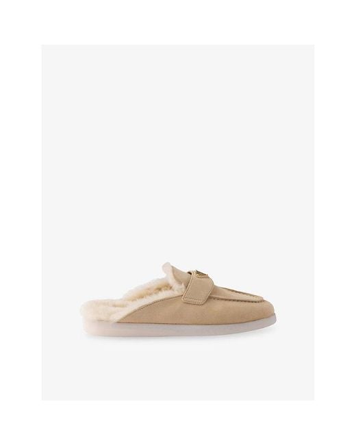 Prada Natural Brand-Plaque Suede And Shearling Mules