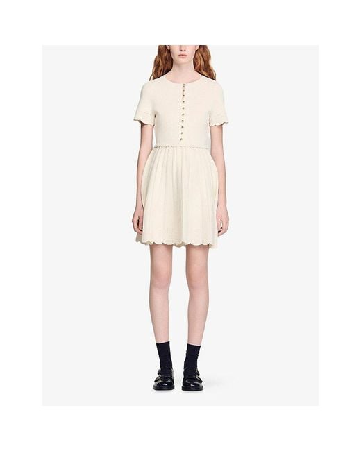Sandro White Pointelle-Detail Scalloped-Trim Stretch-Knit Mini Dress