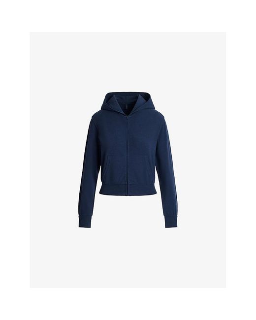 Skims Blue Zip-Up Cropped Stretch-Cotton Hoody