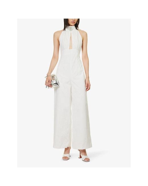 Amy Lynn White Crystal-embellished High-neck Cotton Jumpsuit