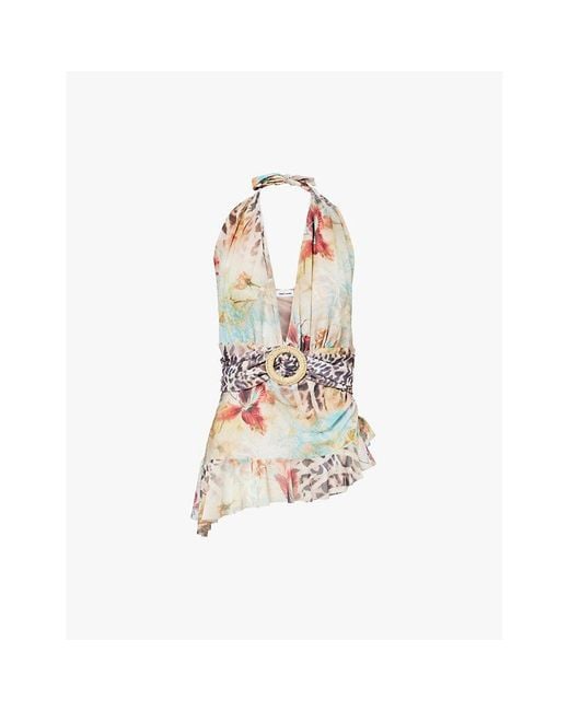 Jaded London White Floral-Print Halter-Neck Stretch-Woven Mini Dress
