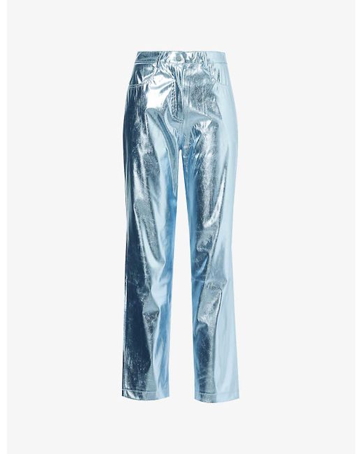 Amy Lynn Blue Metallic Straight-leg High-rise Faux-leather Trousers