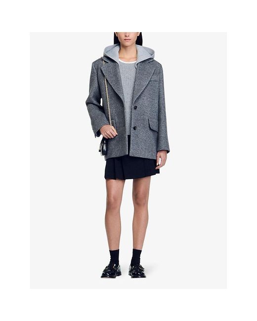 Sandro Gray Removable-Hood Notched-Lapel Wool-Blend Coat