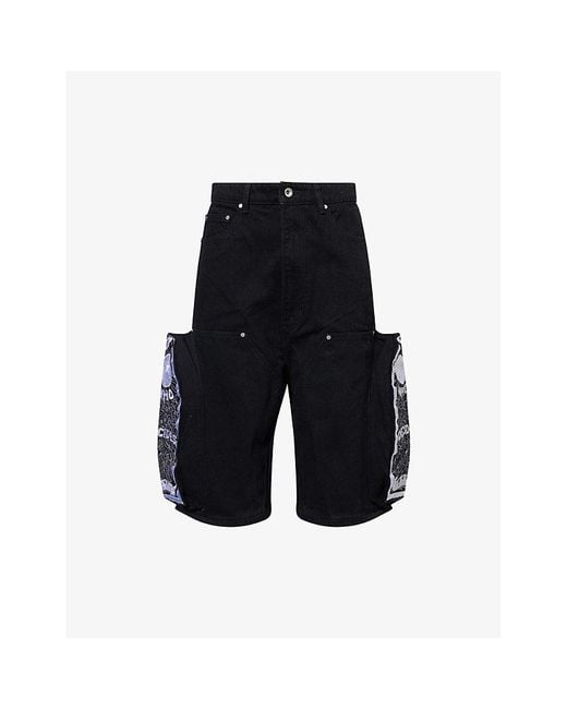Who Decides War Black Embroidery Patch-Pocket Denim Shorts for men