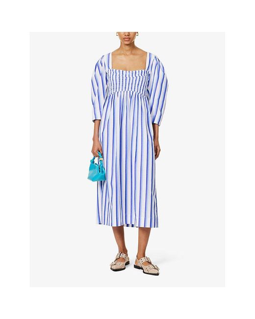 Ganni Blue Striped Balloon-sleeve Organic-cotton Midi Dress