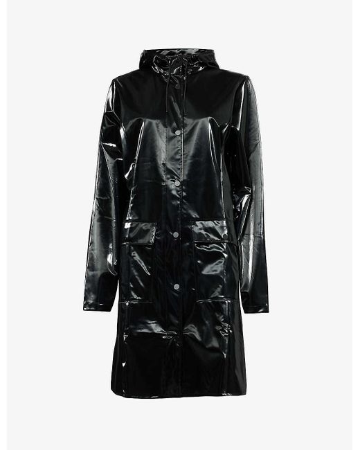 Rains Black Drawstring-hood Belted-waist Shell Coat