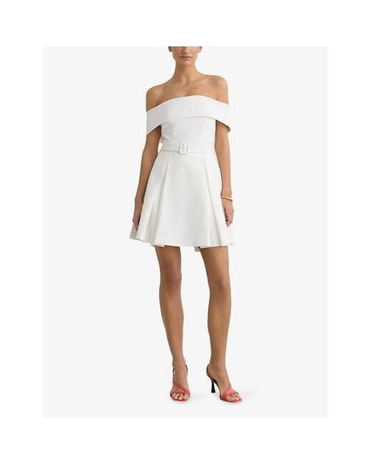 Reiss White Arwen Belted-Waist Bardot Stretch-Woven Mini Dress