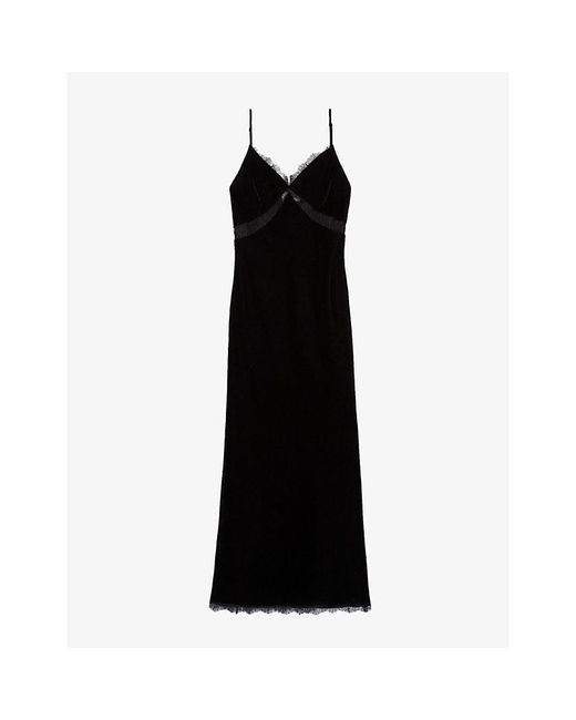 Claudie Pierlot Black Lace-trim Regular-fit Woven Midi Dress