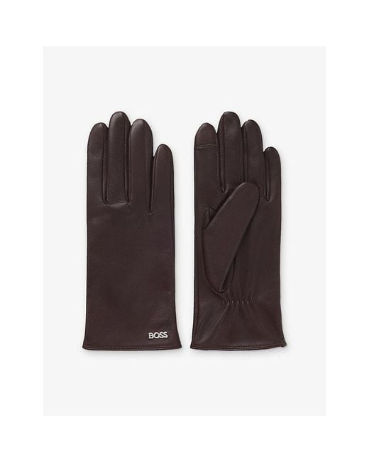 Boss Brown Branded Leather Gloves