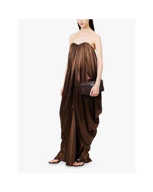 Abadia Brown Strapless Draped Satin Maxi Dress
