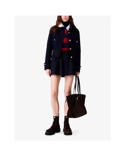 Maje Blue Button-Embellished Double-Faced Wool-Blend Jacket