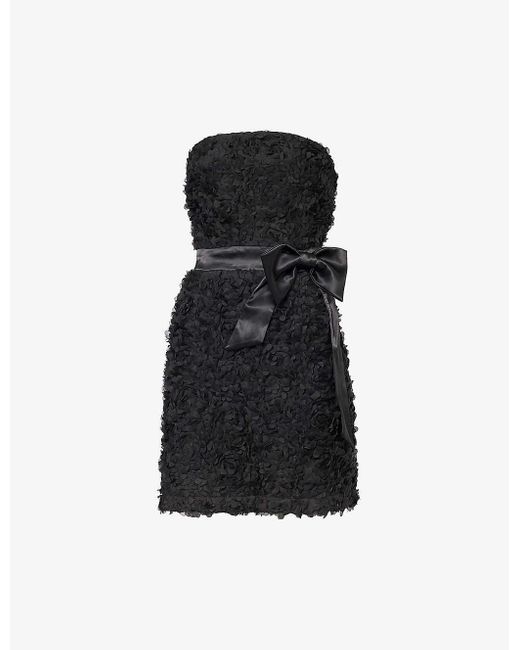 Amy Lynn Black Floral-appliqué Bow-embellished Woven Mini Dress