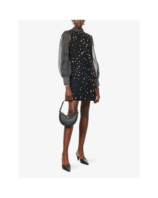 Valentino Garavani Black Embellished Long-Sleeves Wool And Silk Mini Dress