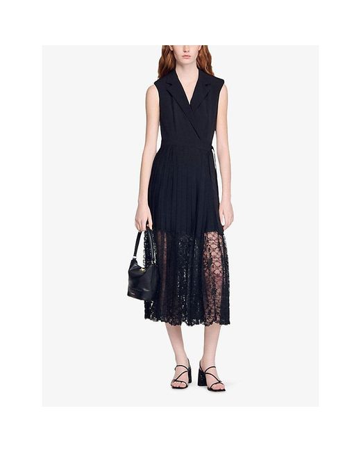 Sandro Black Collared Lace-Embroidered Woven Maxi Dress