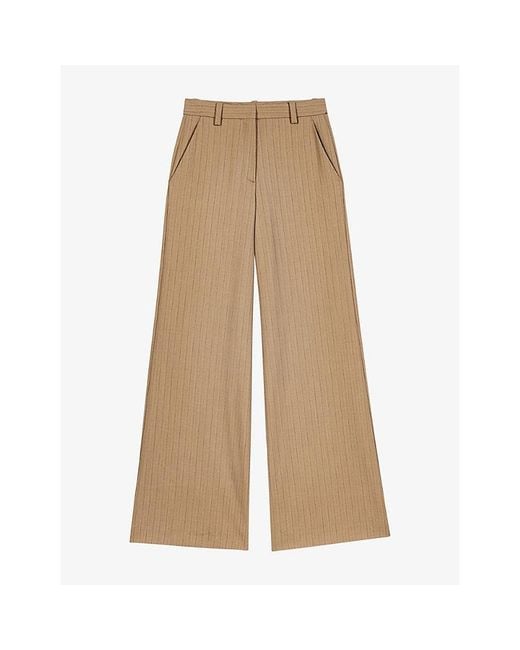 Maje Natural Pinstriped Flared-Leg High-Rise Wool-Blend Trousers