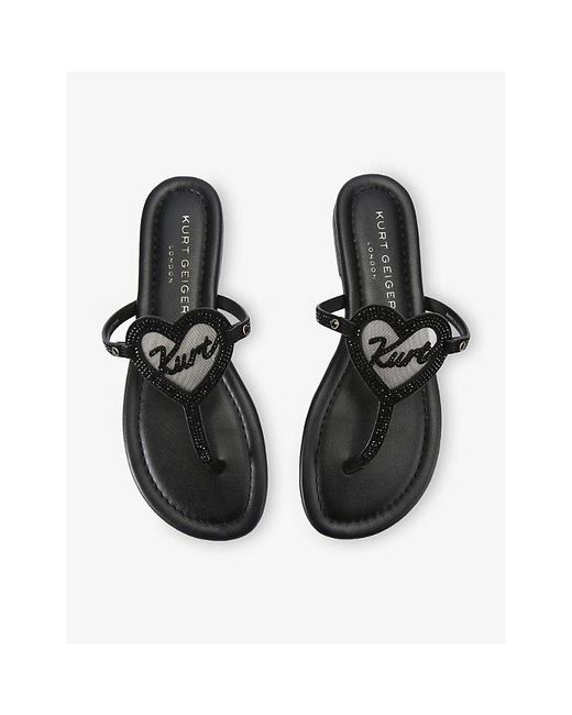 Kurt Geiger Black Leather Heart T-Bar Leather Sandals