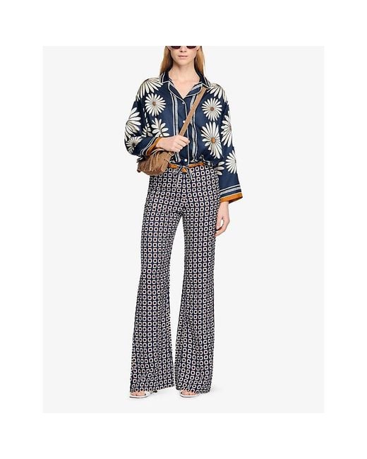 Sandro Blue Floral-Print Tie-Hem Silk Shirt