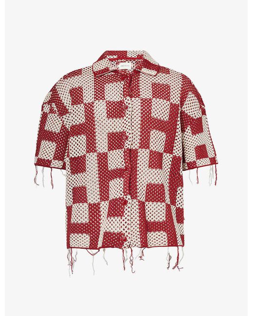 Honor The Gift Red Crochet Brand-pattern Cotton-blend Knitted Shirt for men
