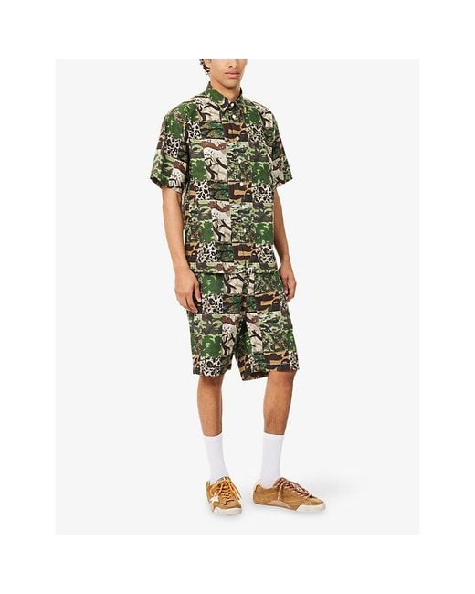 A Bathing Ape Green Camo-Print Patchwork Cotton Shorts for men