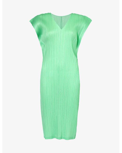 Pleats Please Issey Miyake Green V-neck Pleated Knitted Midi Dress