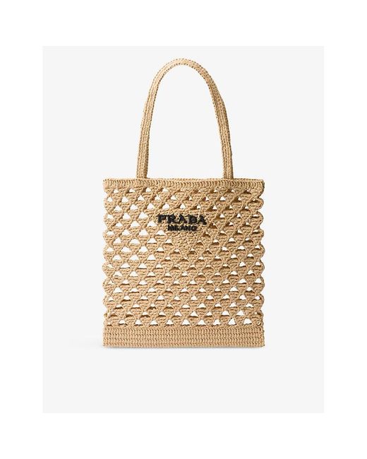 Prada Natural Logo-embroidered Crochet Tote Bag