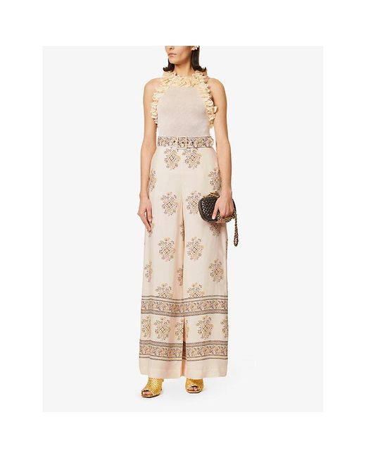 Zimmermann Natural Wide-leg Mid-rise Printed Woven Trousers