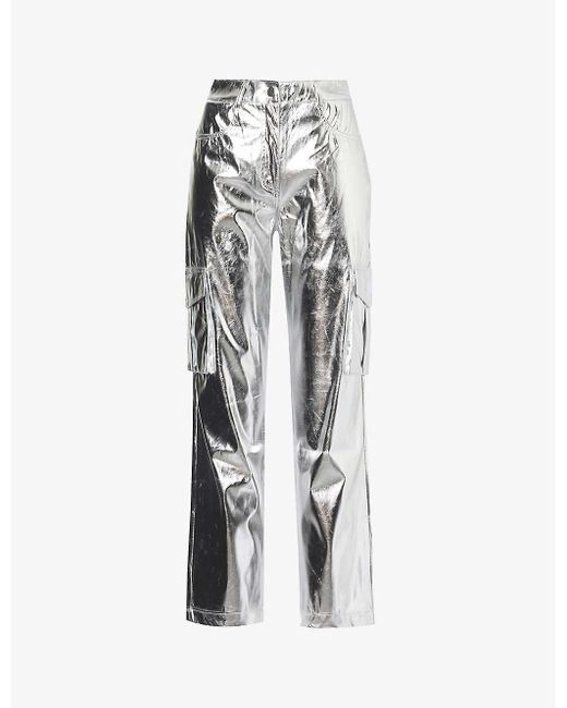 Amy Lynn White Utility Metallic Faux-leather Trousers
