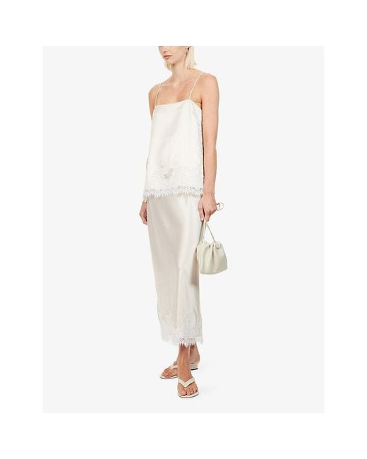 Dissh White Selene Lace-Trim Satin Midi Skirt