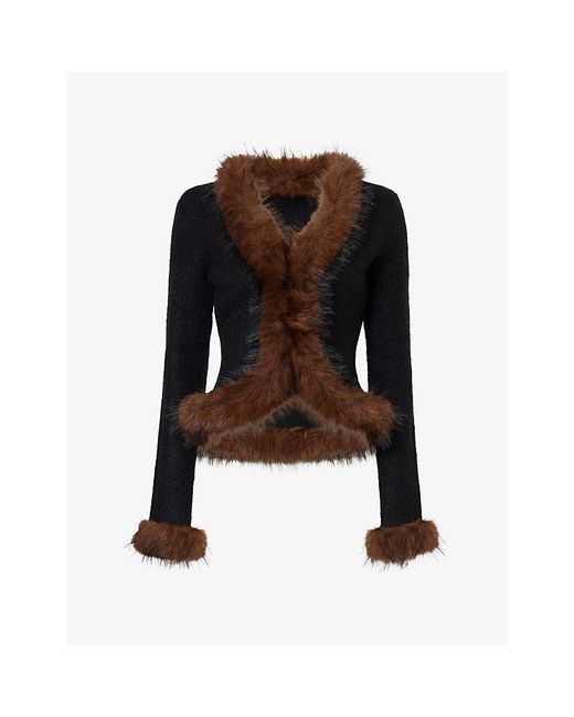 Self-Portrait Black Faux Fur Woven Cardigan