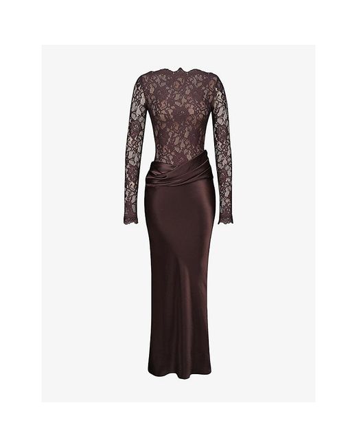 House Of Cb Brown Yasmeen Lace-Bodysuit Stretch-Woven Maxi Dress