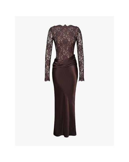 House Of Cb Brown Yasmeen Lace-Bodysuit Stretch-Woven Maxi Dress