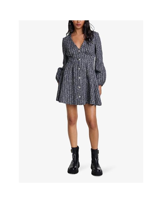 Maje Blue V-Neck Long-Sleeve Woven Mini Dress