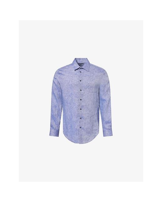Emporio Armani Blue Long-Sleeve Classic-Collar Linen Shirt for men