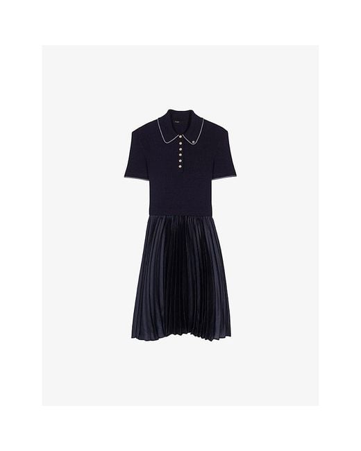 Maje Women's Blue Polo-Collar Pleated Stretch-Woven Mini Dress