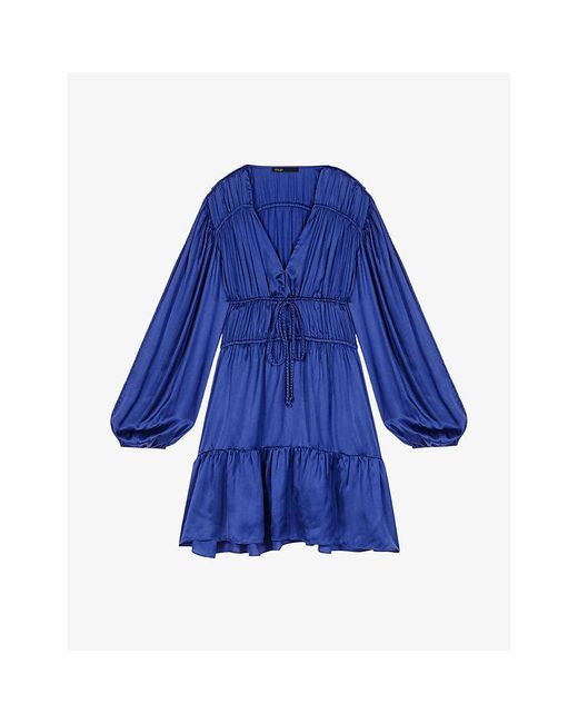 Maje Blue Pleated V-neck Satin Mini Dress
