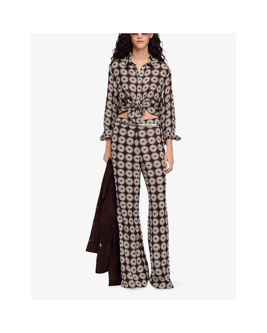 Sandro Gray Floral-Print Flared Woven Trousers