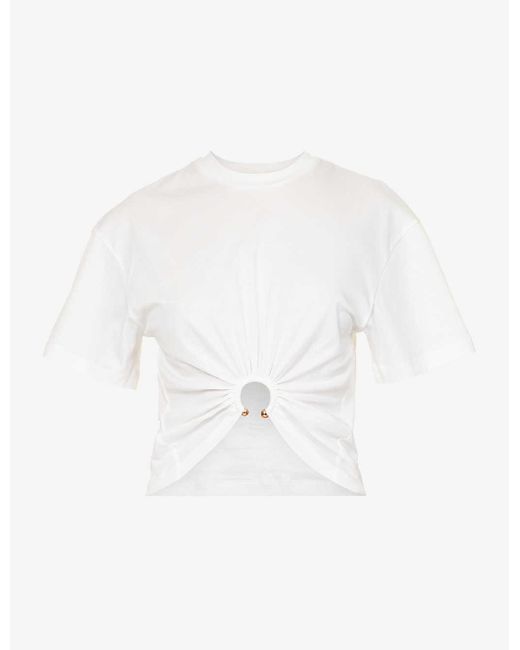Paco Rabanne White Ruched Asymmetric-hem Cotton T-shirt
